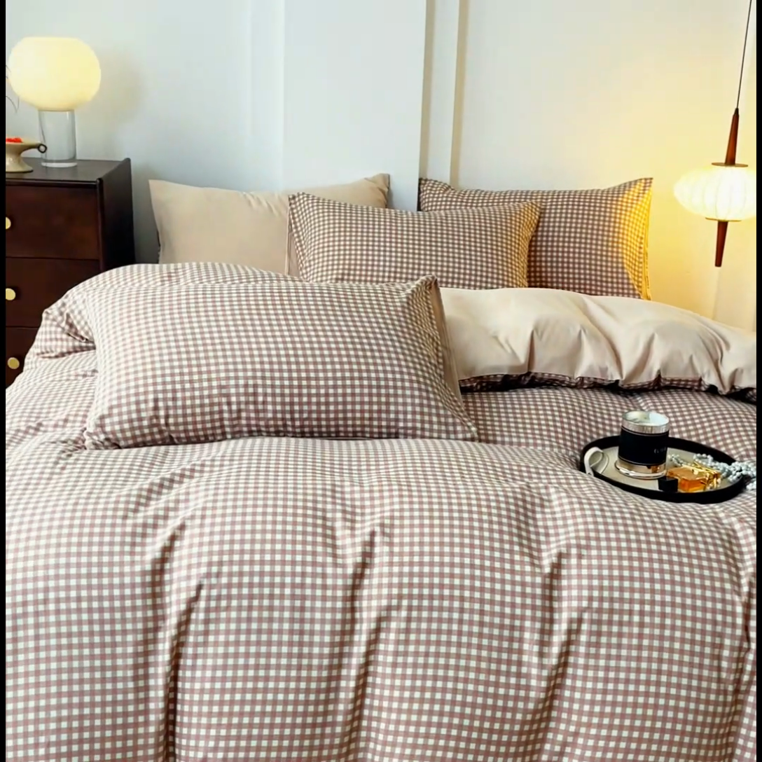 91家纺网 家纺一手货源 找家纺 优米家纺 2025新款色织双层纱木棉四件套 奶咖小格