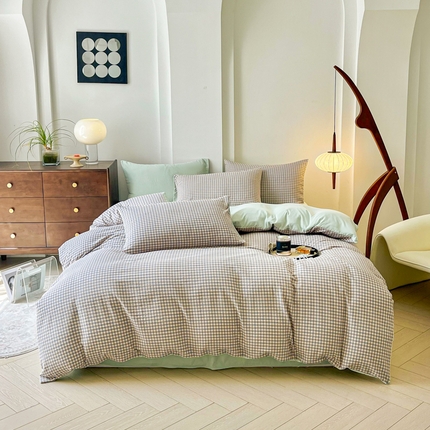 优米家纺 2025新款色织双层纱木棉四件套 雾霾蓝+香草绿