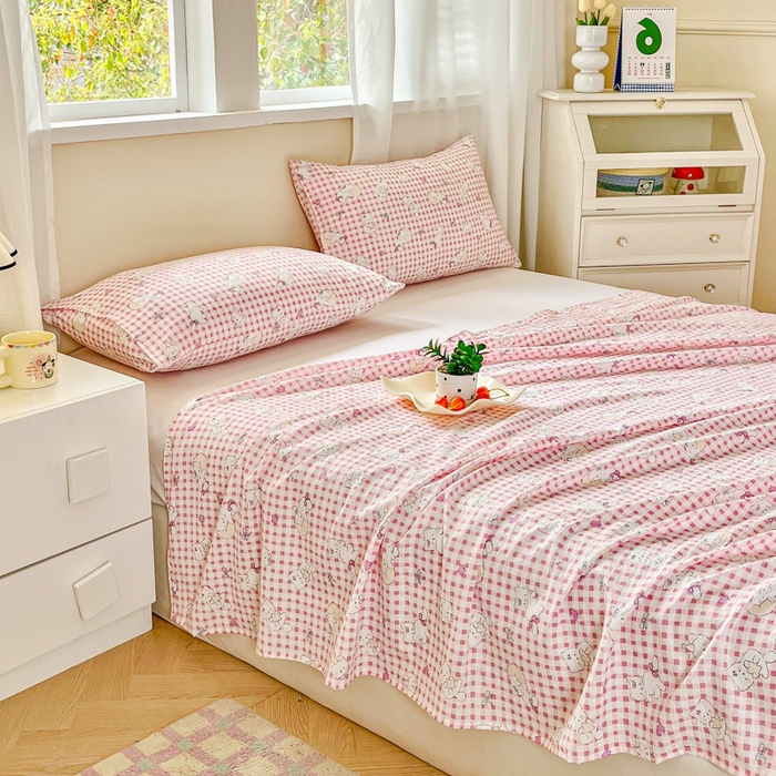 91家纺网 家纺一手货源 找家纺 优米家纺 2025新款ins小清新双层纱印花床单 格子猫咪