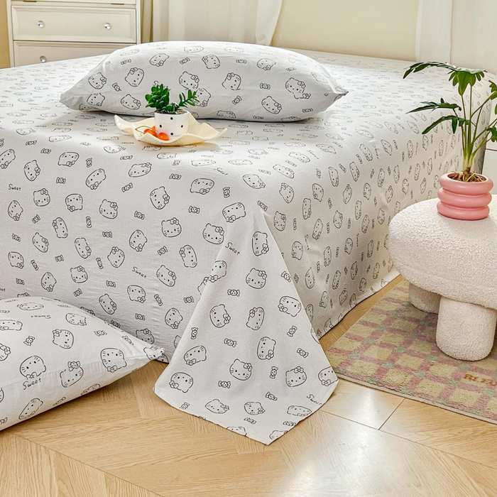 91家纺网 家纺一手货源 找家纺 优米家纺 2025新款ins小清新双层纱印花床单 奶猫