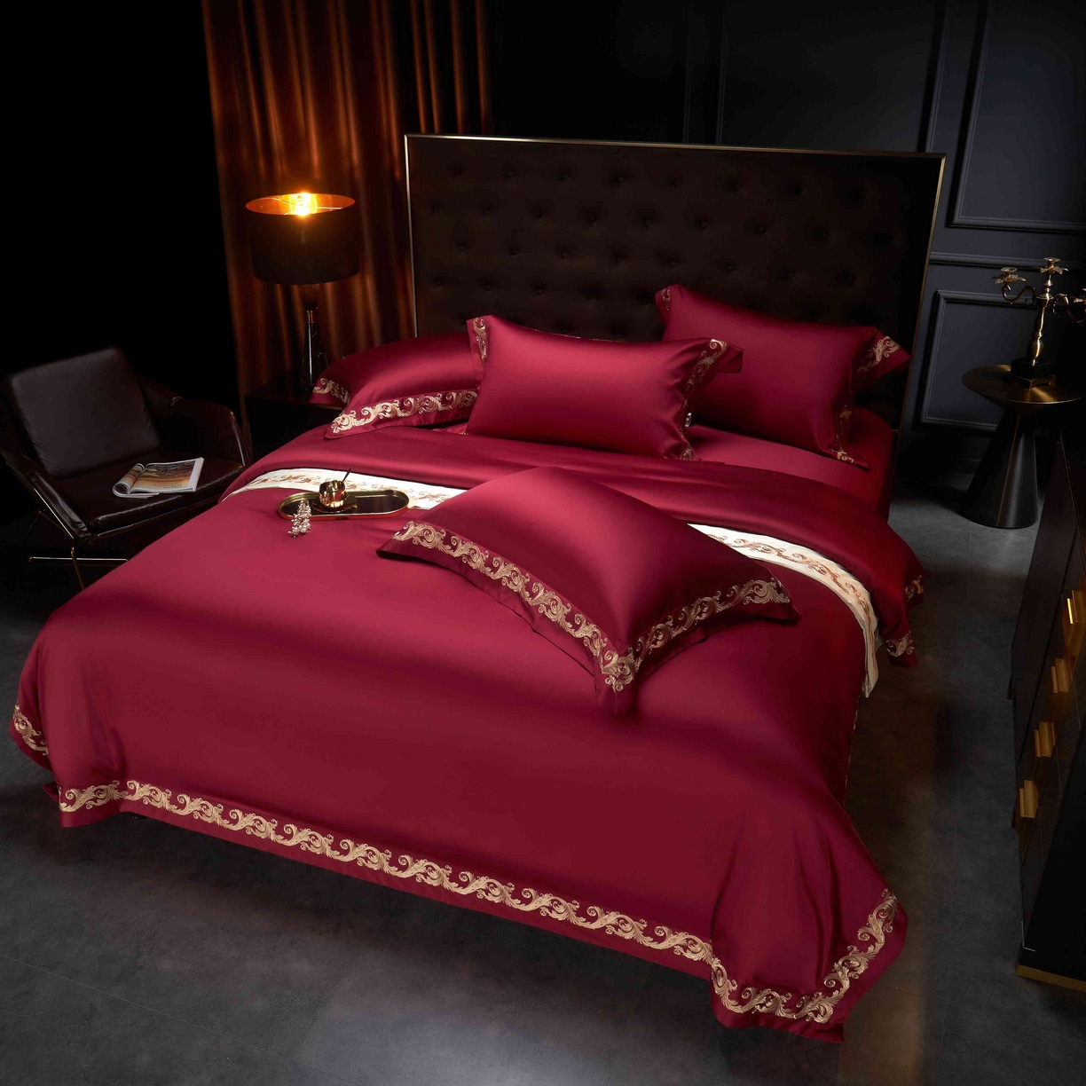 91家纺网 家纺一手货源 找家纺 缔缦 2025新款高端定织面料S140长绒棉精梳棉重磅刺绣四件套罗莎系列 酒红