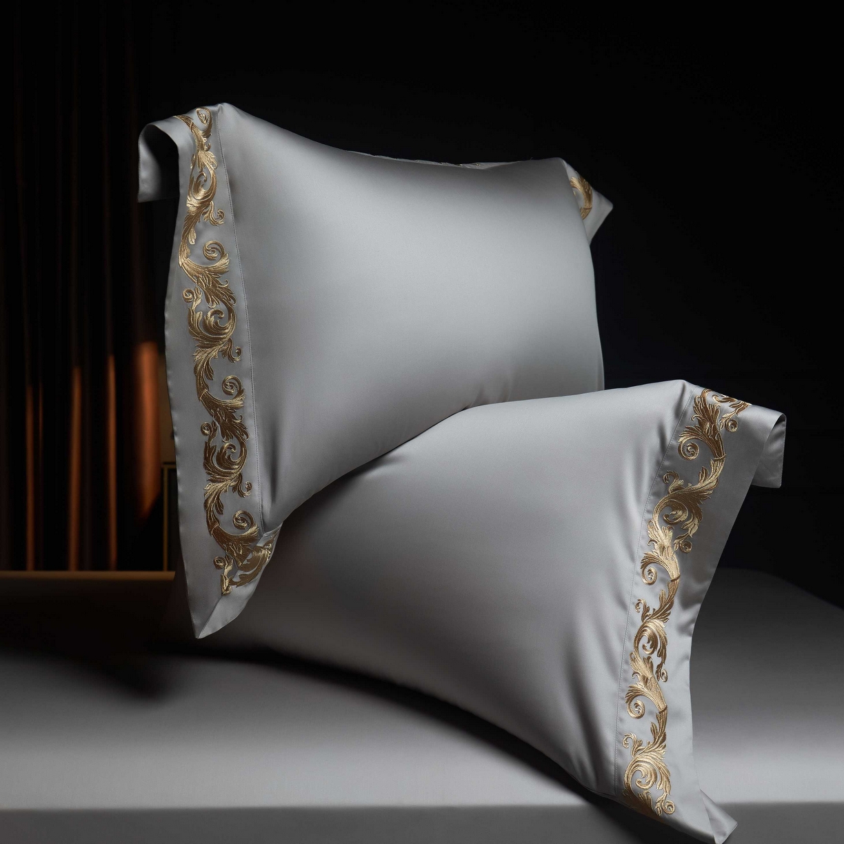 91家纺网 家纺一手货源 找家纺 缔缦 2025新款高端定织面料S140长绒棉精梳棉重磅刺绣四件套罗莎系列 高级灰