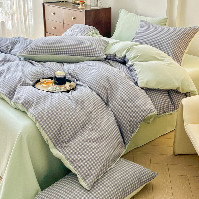 91家纺网 家纺一手货源 找家纺 优米家纺 2025新款色织双层纱木棉四件套 淡雅蓝+香草绿