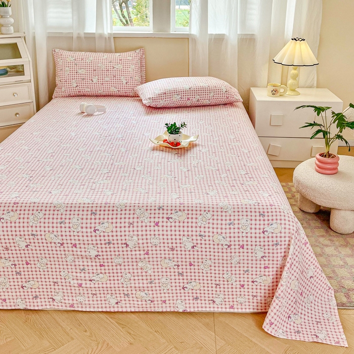 91家纺网 家纺一手货源 找家纺 优米家纺 2025新款ins小清新双层纱印花床单 格子猫咪