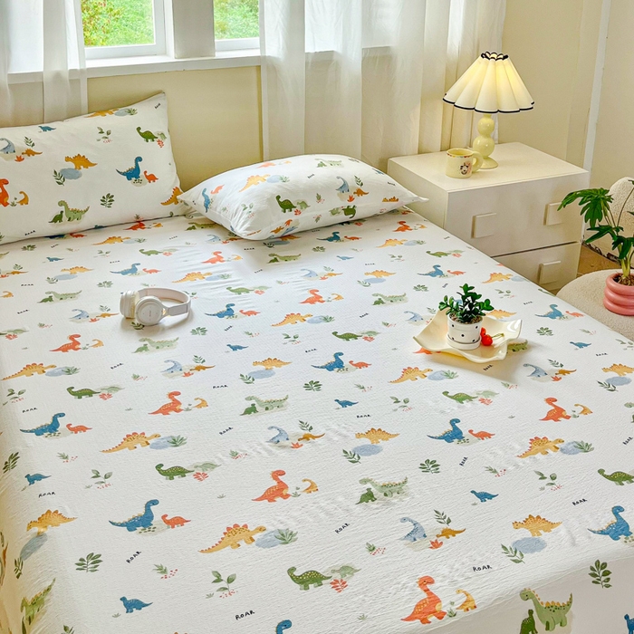 91家纺网 家纺一手货源 找家纺 优米家纺 2025新款ins小清新双层纱印花床单 恐龙乐园