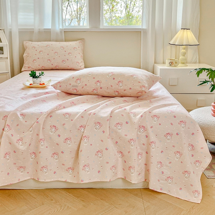 91家纺网 家纺一手货源 找家纺 优米家纺 2025新款ins小清新双层纱印花床单 美乐蒂