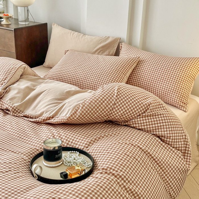 91家纺网 家纺一手货源 找家纺 优米家纺 2025新款色织双层纱木棉四件套 卡其小格