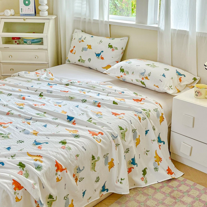 91家纺网 家纺一手货源 找家纺 优米家纺 2025新款ins小清新双层纱印花床单 恐龙乐园