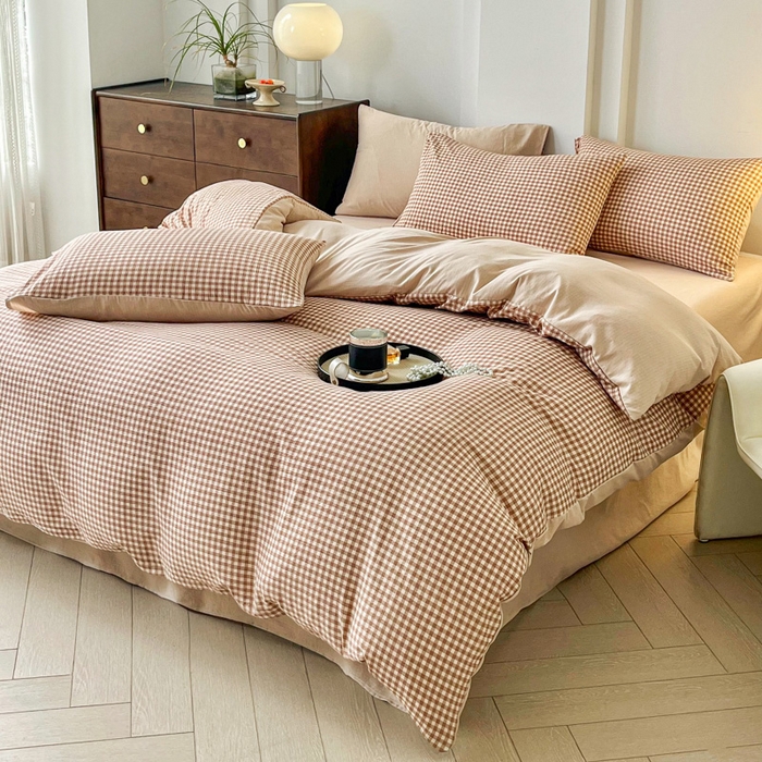 91家纺网 家纺一手货源 找家纺 优米家纺 2025新款色织双层纱木棉四件套 卡其小格