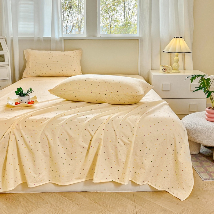 91家纺网 家纺一手货源 找家纺 优米家纺 2025新款ins小清新双层纱印花床单 五彩点点