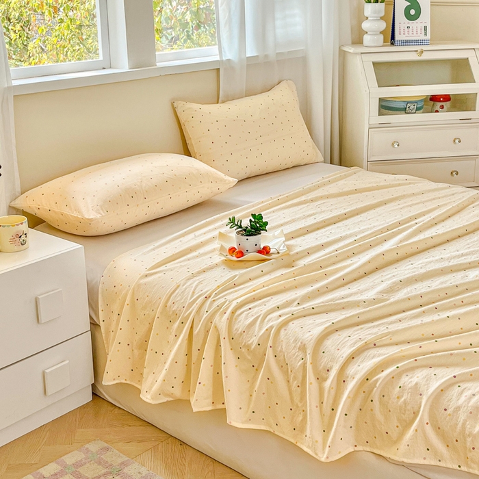 91家纺网 家纺一手货源 找家纺 优米家纺 2025新款ins小清新双层纱印花床单 五彩点点