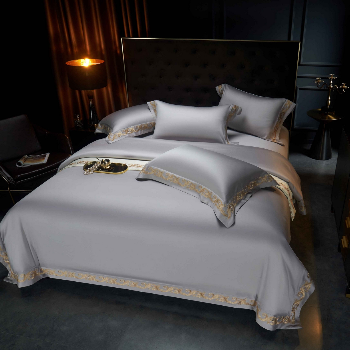 91家纺网 家纺一手货源 找家纺 缔缦 2025新款高端定织面料S140长绒棉精梳棉重磅刺绣四件套罗莎系列 高级灰