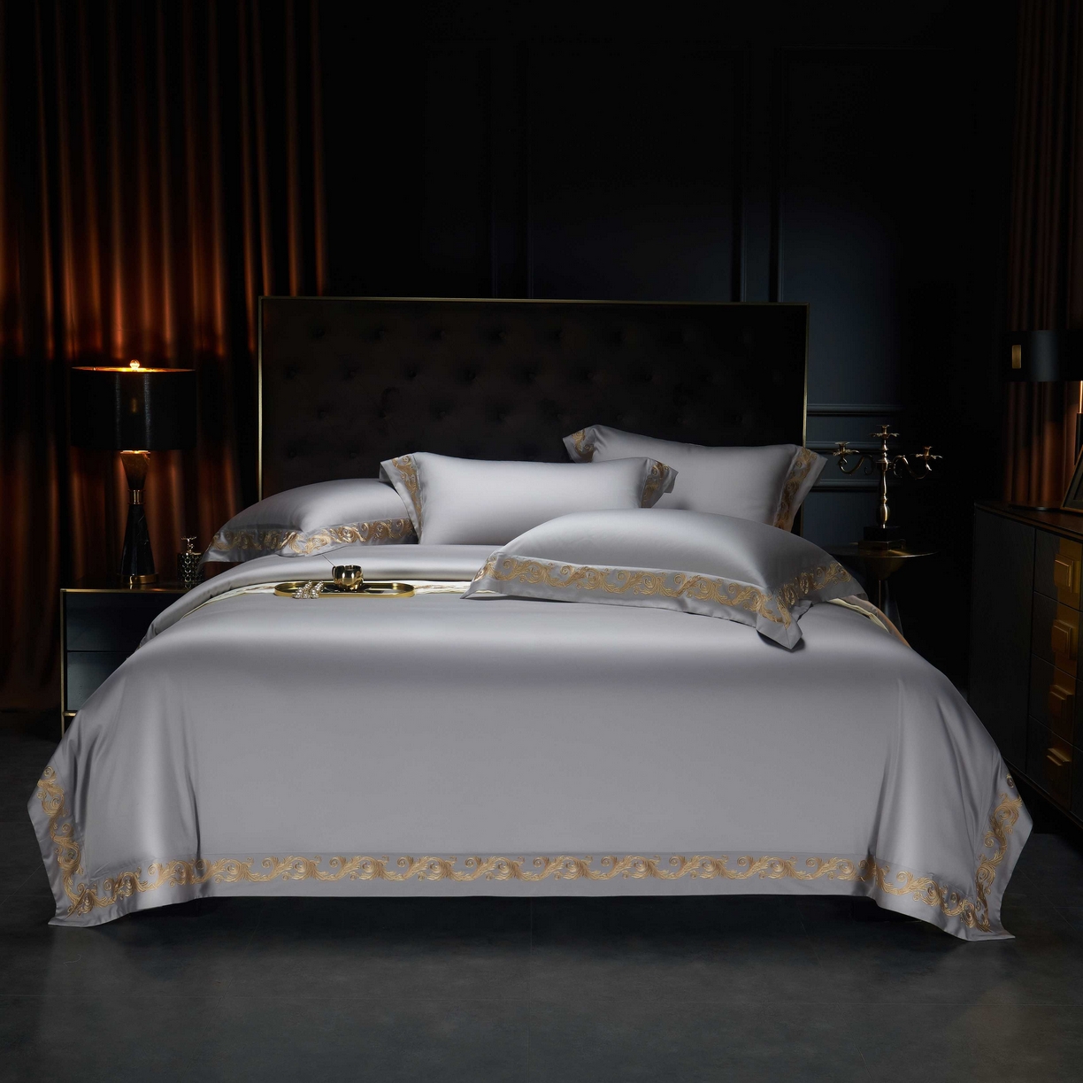 91家纺网 家纺一手货源 找家纺 缔缦 2025新款高端定织面料S140长绒棉精梳棉重磅刺绣四件套罗莎系列 高级灰