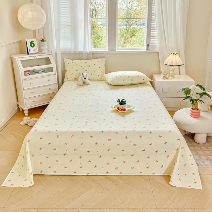 91家纺网 家纺一手货源 找家纺 优米家纺 2025新款ins小清新双层纱印花床单 蝴蝶结