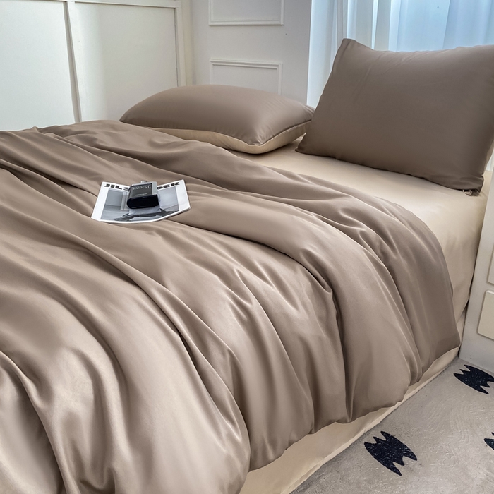 91家纺网 家纺一手货源 找家纺 乐沐家纺 2024新款夏季水洗冰丝四件套水洗真丝纯色双拼单被套-风格二 咖棕奶茶