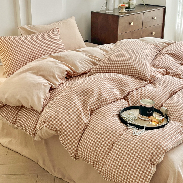 91家纺网 家纺一手货源 找家纺 优米家纺 2025新款色织双层纱木棉四件套 卡其小格