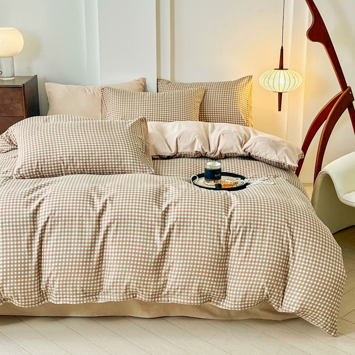 91家纺网 家纺一手货源 找家纺 优米家纺 2025新款色织双层纱木棉四件套 奶咖小格