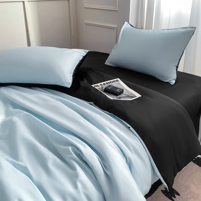 91家纺网 家纺一手货源 找家纺 乐沐家纺 2024新款夏季水洗冰丝四件套水洗真丝纯色双拼单被套-风格二 天蓝墨黑