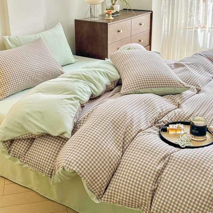 91家纺网 家纺一手货源 找家纺 优米家纺 2025新款色织双层纱木棉四件套 雾霾蓝+香草绿