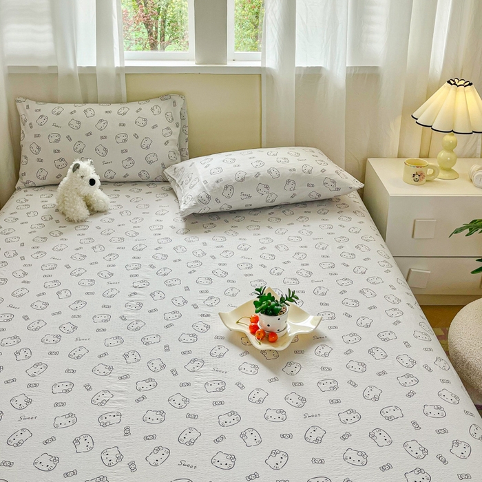 91家纺网 家纺一手货源 找家纺 优米家纺 2025新款ins小清新双层纱印花床单 奶猫