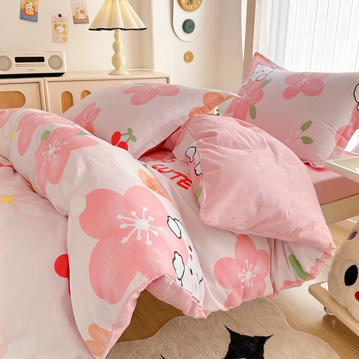 91家纺网 家纺一手货源 找家纺 卡普二店 2024新款爆款加厚卡通小清新全棉纯棉学生宿舍三件套床笠隔天可拿 花田小兔