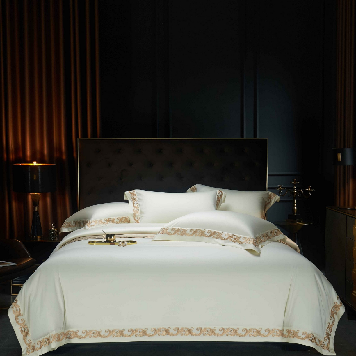 91家纺网 家纺一手货源 找家纺 缔缦 2025新款高端定织面料S140长绒棉精梳棉重磅刺绣四件套罗莎系列 贵族白