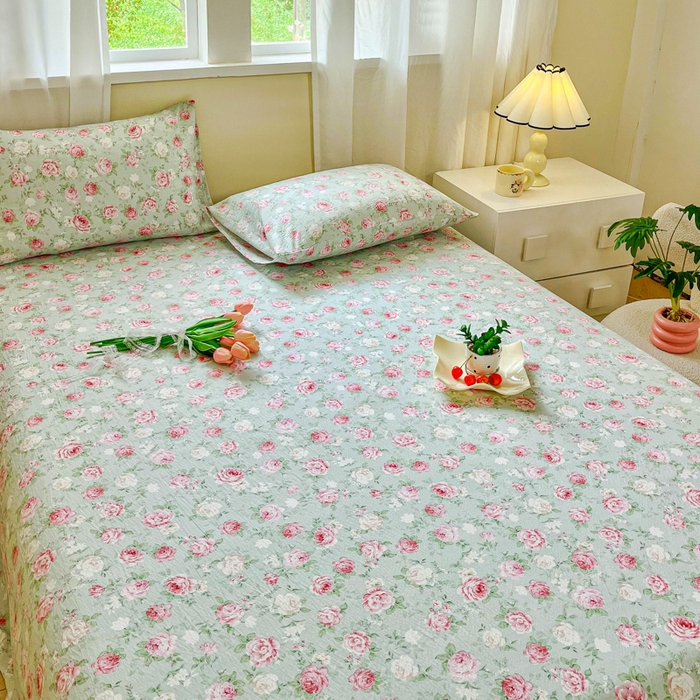 91家纺网 家纺一手货源 找家纺 优米家纺 2025新款ins小清新双层纱印花床单 牡丹花开