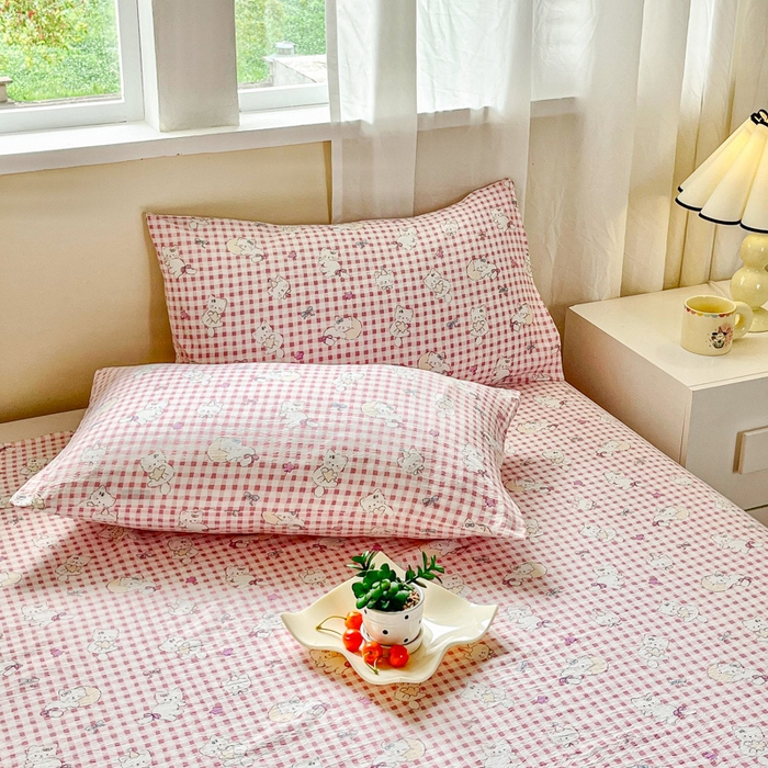 91家纺网 家纺一手货源 找家纺 优米家纺 2025新款ins小清新双层纱印花床单 格子猫咪