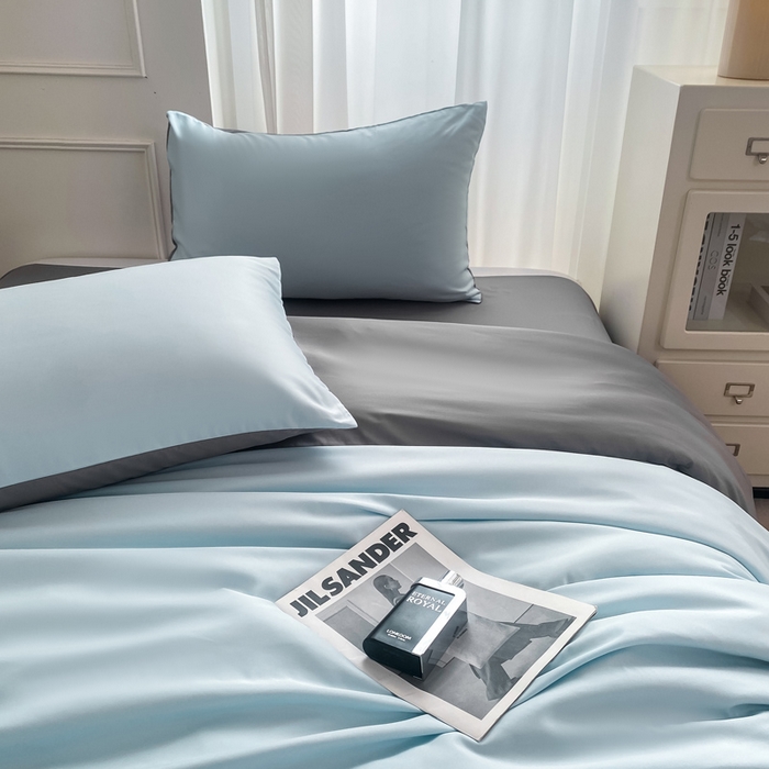 91家纺网 家纺一手货源 找家纺 乐沐家纺 2024新款夏季水洗冰丝四件套水洗真丝纯色双拼单被套-风格二 天空蓝灰