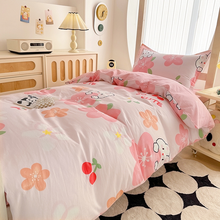 91家纺网 家纺一手货源 找家纺 卡普二店 2024新款爆款加厚卡通小清新全棉纯棉学生宿舍三件套床笠隔天可拿 花田小兔