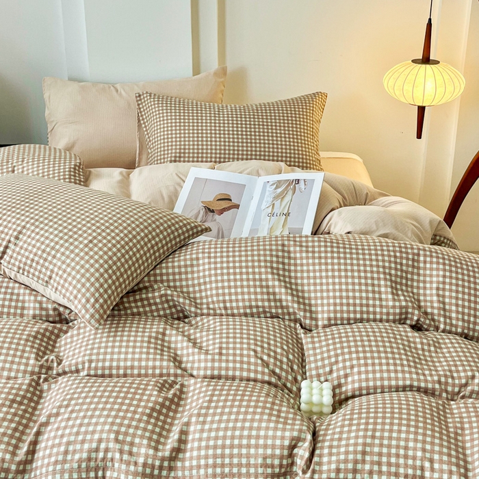 91家纺网 家纺一手货源 找家纺 优米家纺 2025新款色织双层纱木棉四件套 奶咖小格