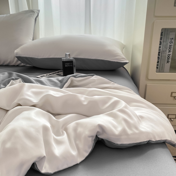 91家纺网 家纺一手货源 找家纺 乐沐家纺 2024新款夏季水洗冰丝四件套水洗真丝纯色双拼单被套-风格二 魔法灰白