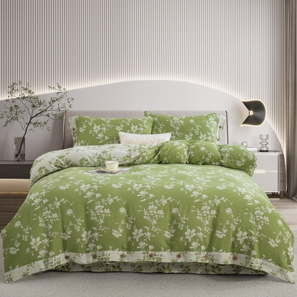 鲁爱家纺供货 2025新款全棉色织双层纱纽扣四件套 喜上眉梢-绿