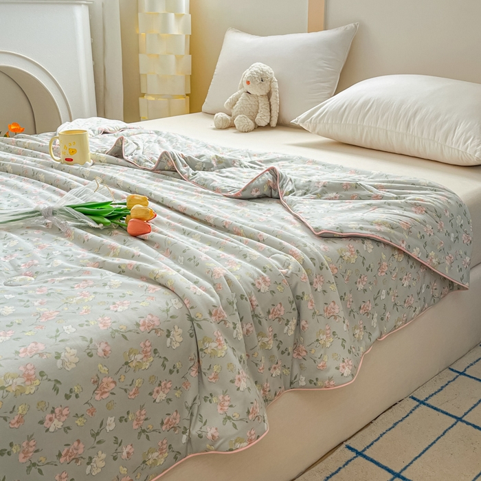 91家纺网 家纺一手货源 找家纺 龙图家纺 2025新款A类母婴针织棉夏被印花卡通凉感丝夏凉被空调被 春花