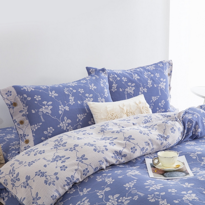 91家纺网 家纺一手货源 找家纺 鲁爱家纺供货 2025新款全棉色织双层纱纽扣四件套 春晖-浅兰