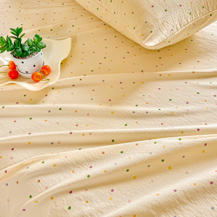 91家纺网 家纺一手货源 找家纺 优米家纺 2025新款ins小清新双层纱印花床单 五彩点点