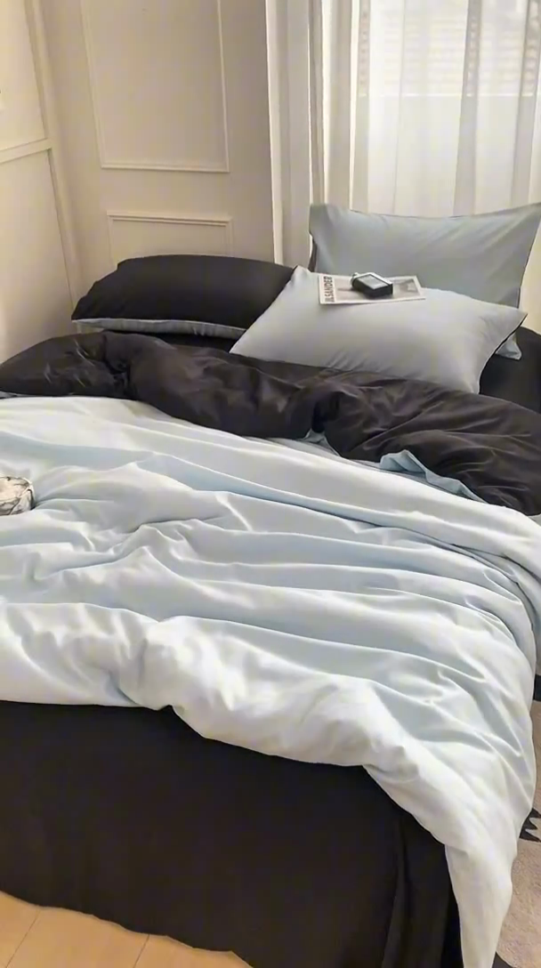 91家纺网 家纺一手货源 找家纺 乐沐家纺 2024新款夏季水洗冰丝四件套水洗真丝纯色双拼单被套-风格二 天蓝墨黑