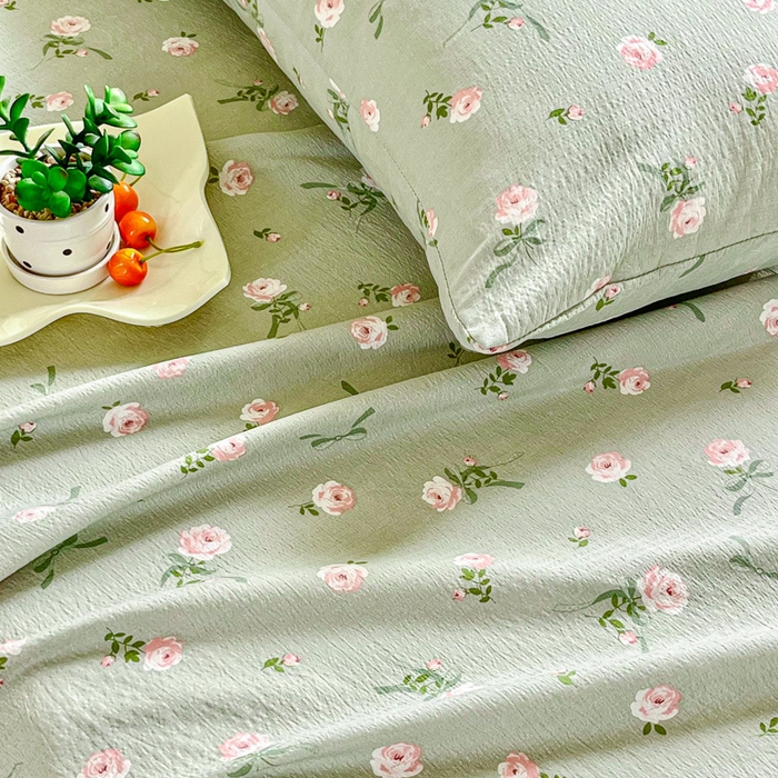 91家纺网 家纺一手货源 找家纺 优米家纺 2025新款ins小清新双层纱印花床单 午后蔷薇