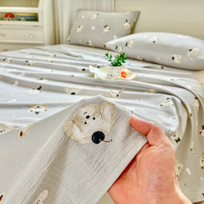 91家纺网 家纺一手货源 找家纺 优米家纺 2025新款ins小清新双层纱印花床单 爱心熊