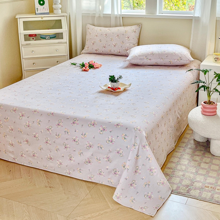 91家纺网 家纺一手货源 找家纺 优米家纺 2025新款ins小清新双层纱印花床单 罗曼花园