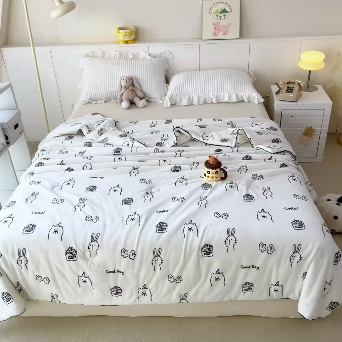 91家纺网 家纺一手货源 找家纺 龙图家纺 2025新款A类母婴针织棉夏被印花卡通凉感丝夏凉被空调被 流氓兔