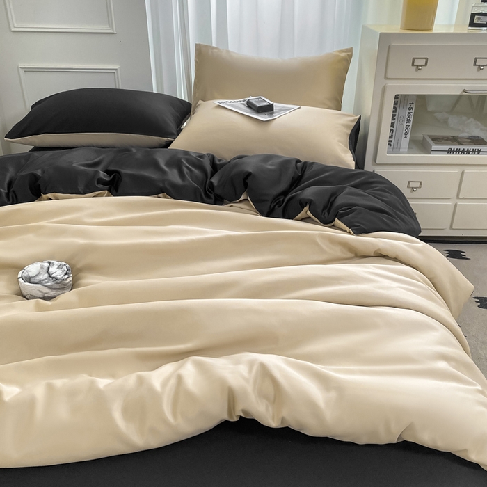 91家纺网 家纺一手货源 找家纺 乐沐家纺 2024新款夏季水洗冰丝四件套水洗真丝纯色双拼单被套-风格二 奶茶墨黑