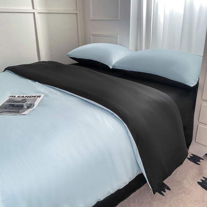 91家纺网 家纺一手货源 找家纺 乐沐家纺 2024新款夏季水洗冰丝四件套水洗真丝纯色双拼单被套-风格二 天蓝墨黑