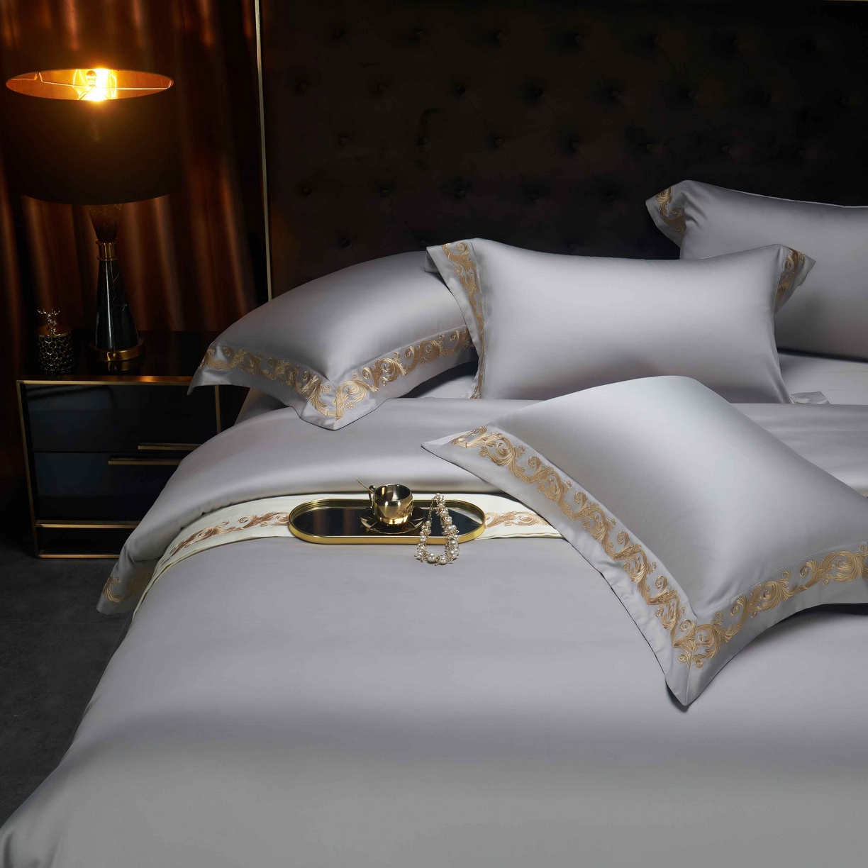 91家纺网 家纺一手货源 找家纺 缔缦 2025新款高端定织面料S140长绒棉精梳棉重磅刺绣四件套罗莎系列 高级灰