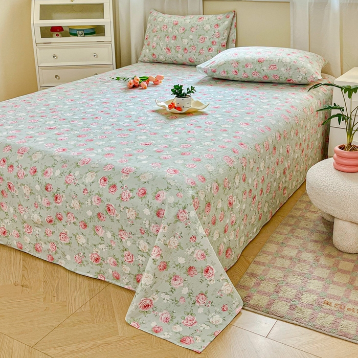 91家纺网 家纺一手货源 找家纺 优米家纺 2025新款ins小清新双层纱印花床单 牡丹花开