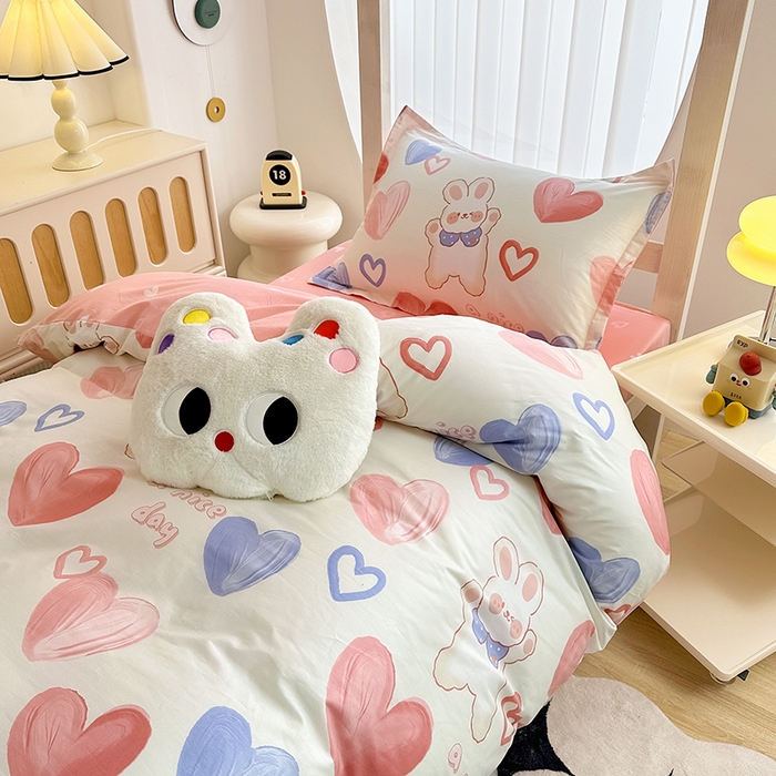 91家纺网 家纺一手货源 找家纺 卡普 2025新款爆款加厚卡通小清新全棉纯棉学生宿舍三件套床笠隔天可拿小兔可可