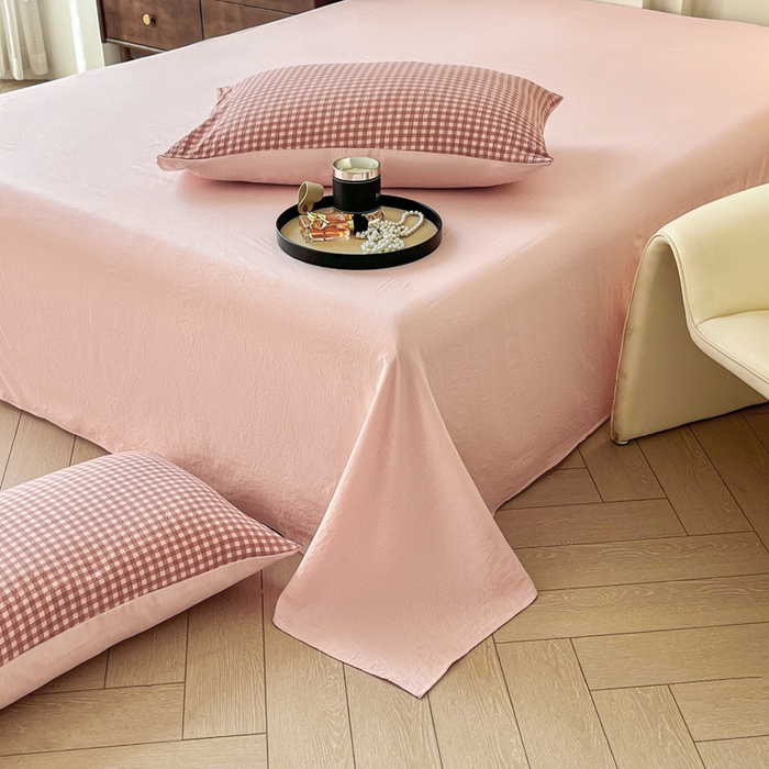 91家纺网 家纺一手货源 找家纺 优米家纺 2025新款色织双层纱木棉四件套 奶油粉格