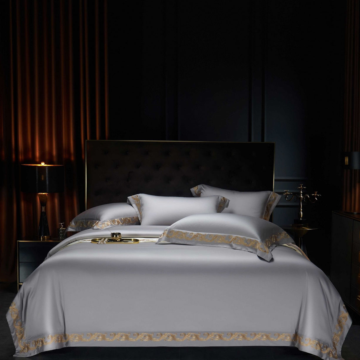 91家纺网 家纺一手货源 找家纺 缔缦 2025新款高端定织面料S140长绒棉精梳棉重磅刺绣四件套罗莎系列 高级灰