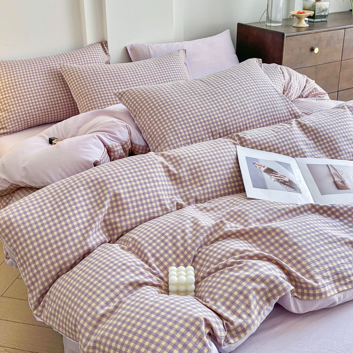 91家纺网 家纺一手货源 找家纺 优米家纺 2025新款色织双层纱木棉四件套 薰衣草紫+浅黄