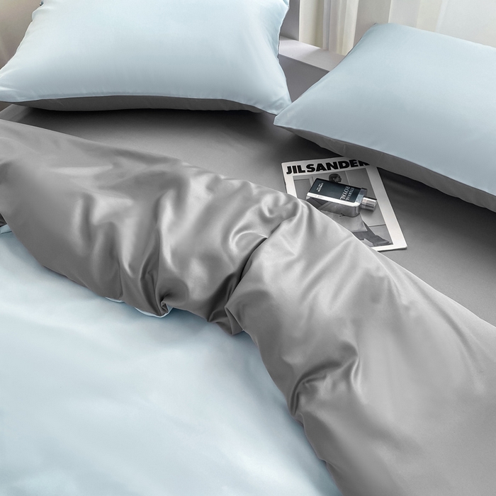 91家纺网 家纺一手货源 找家纺 乐沐家纺 2024新款夏季水洗冰丝四件套水洗真丝纯色双拼单被套-风格二 天空蓝灰